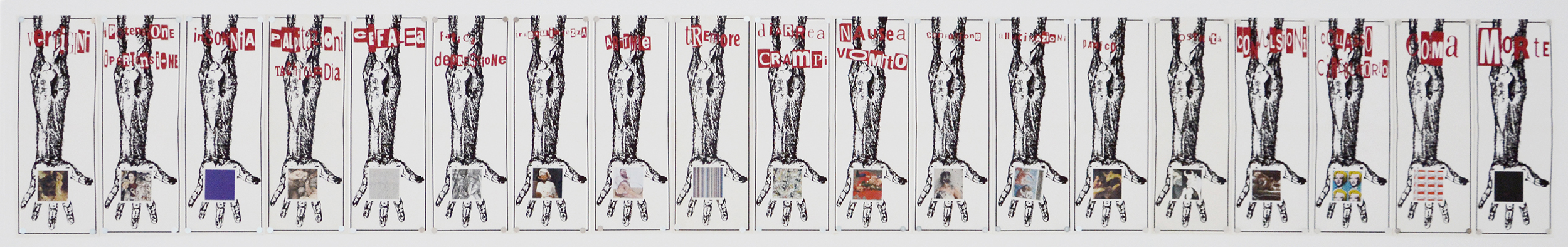 Mauro Gottardo, Effetti collaterali, 2001, tecnica mista su carta, 19 fogli (57,5x21 cm cad.)