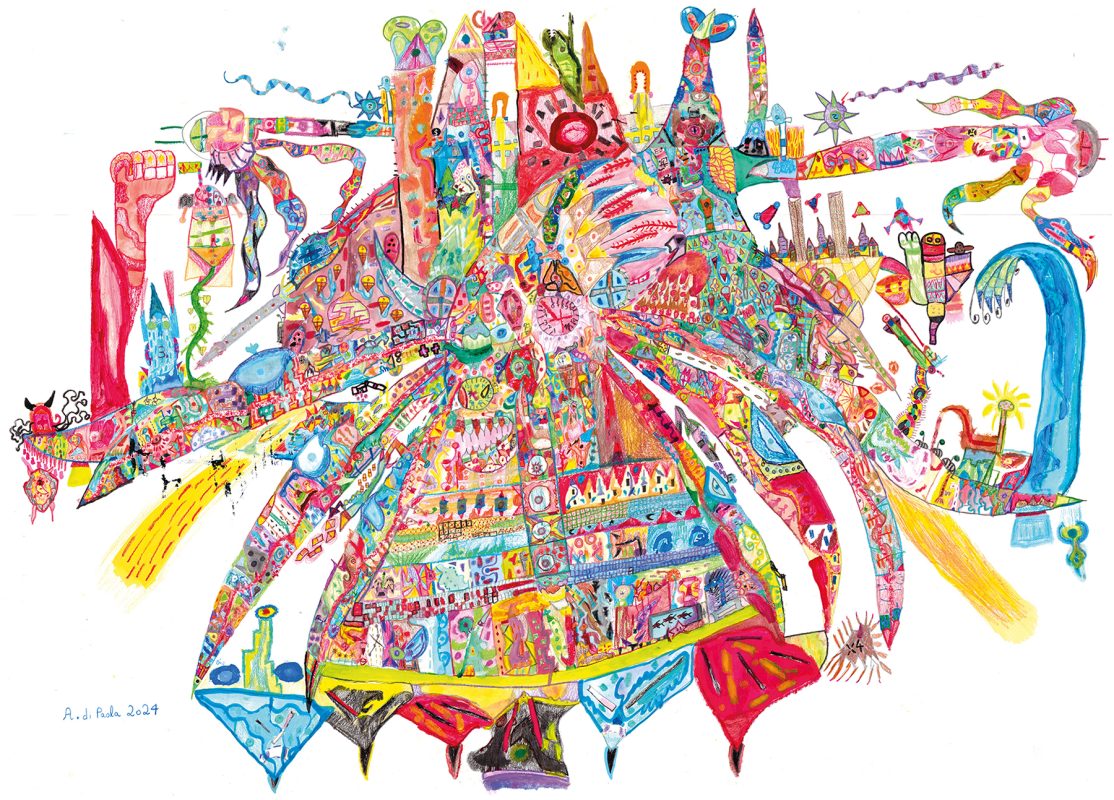 Città aliena, 2024, 70x95 cm, tecnica mista su carta