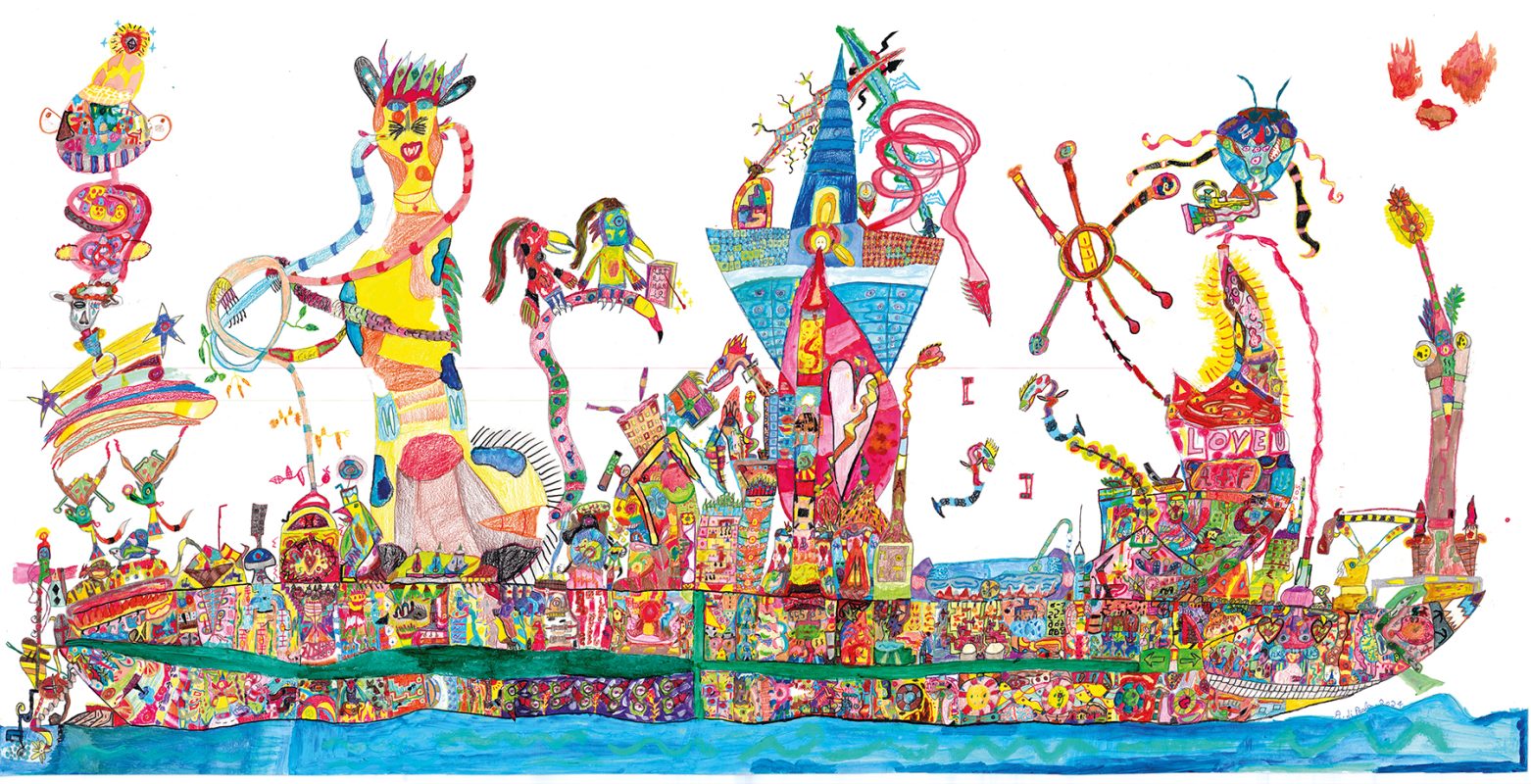 La nave, 2024, 75x150 cm, tecnica mista su carta