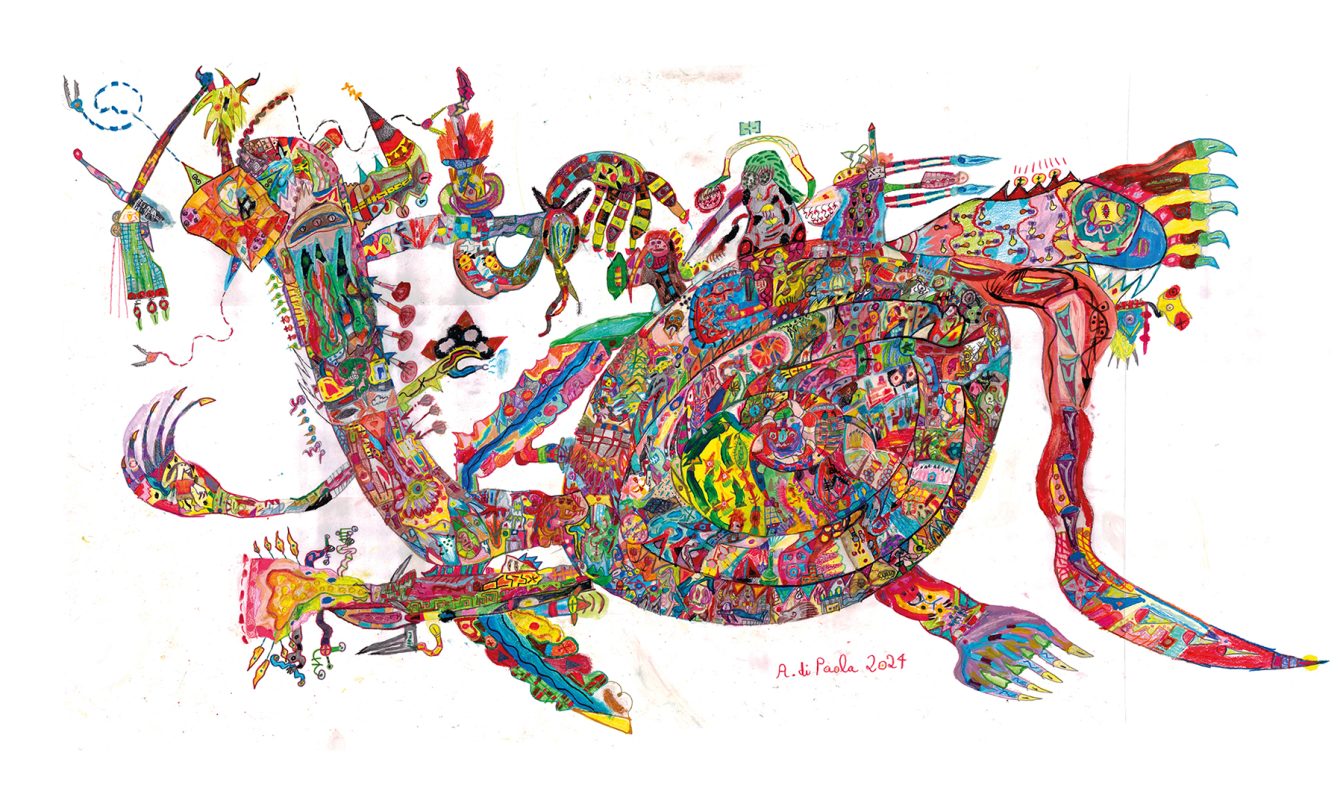 La tartaruga scientifica, 2024, 70x125 cm, tecnica mista su carta